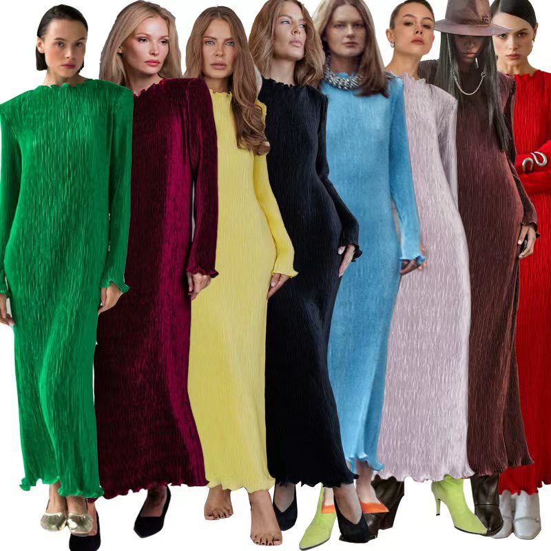 European and American Women's Clothing Amazon Cross-Border Hot-Selling Pure Color Round Neck Slit Slim Long Elegant Dress
