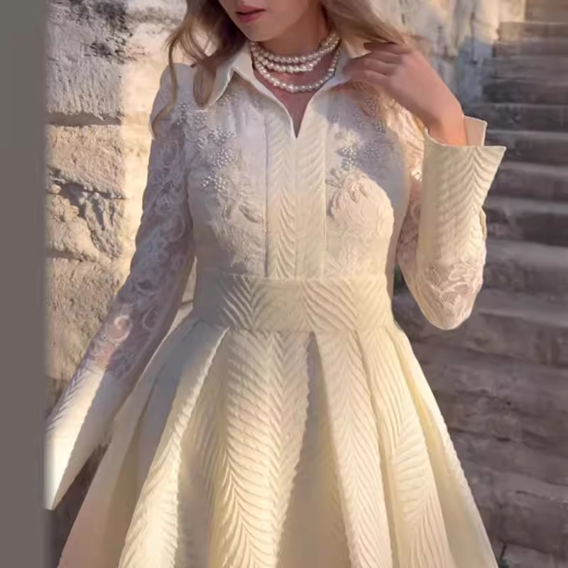2025 nuevo cross-border Europa y América cuentas de pecho blanco flor de encaje gaza estilo francés retro manga larga vestido de moda delgado