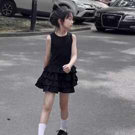 女童2026棉夏季新款黑色连衣裙女孩夏季中大童色无袖背心蛋糕裙