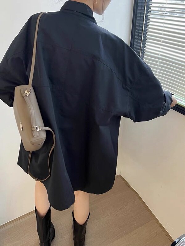 韓国系春服韓国chi薄タイプの怠惰な風立襟ゆったりとしたカジュアルな長袖の中長タイプのウインドブレーカーの女性|undefined