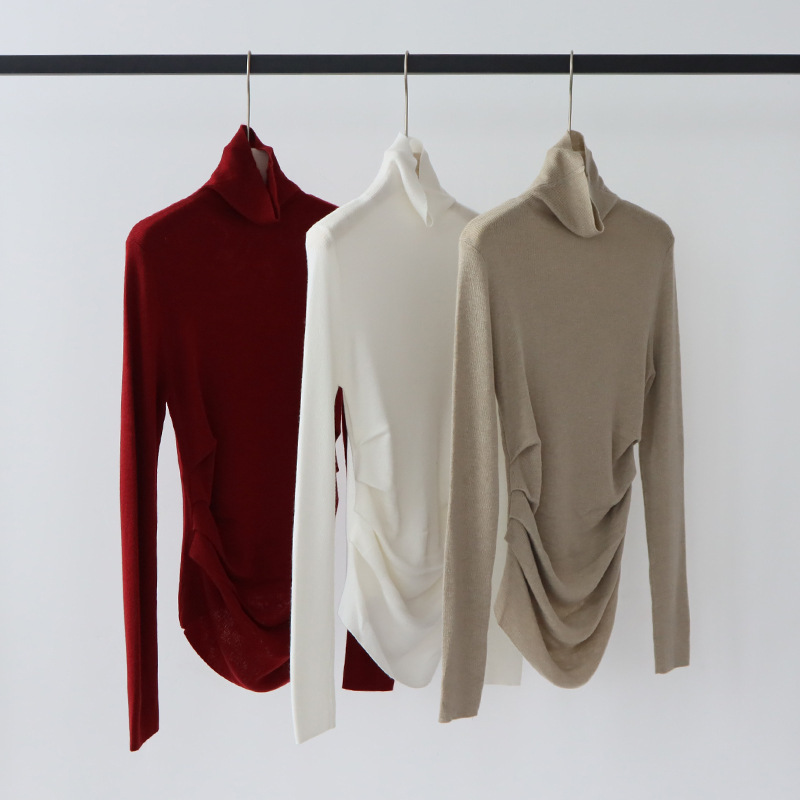 Thirteen Lines Women's Autumn High-end Side-stitched Pleated Wool Blend Sweater Long-sleeved Turtleneck Base Sweater