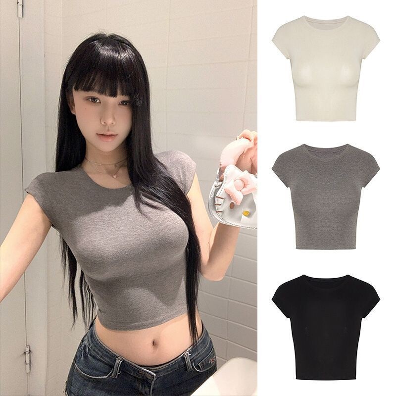 American Retro Style Tight-Fitting Solid Color Crop Top 2026 Summer Waist-Cinching Short Sweet Spicy Girl Style Regular Shoulder Short-Sleeve T-Shirt
