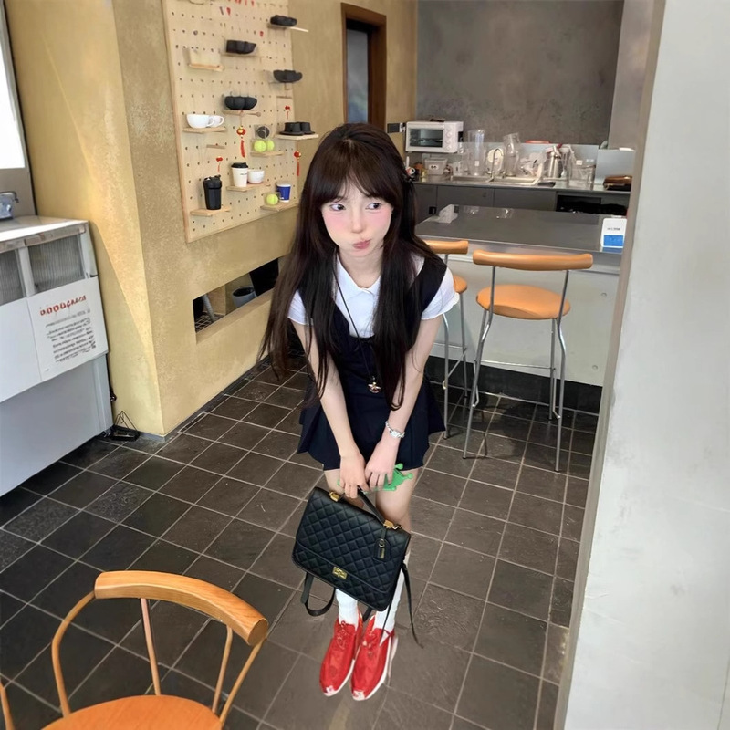 学院风甜美韩系夏季高腰背心连衣裙女学生+白色短袖衬衫套装_单件|undefined