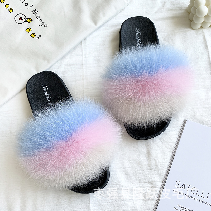 Amazon transfronterizo zapatillas de pelo de zorro real zapatillas de pelo de fondo plano zapatillas de pelo de mujer zapatillas de pelo de verano nuevas exportaciones