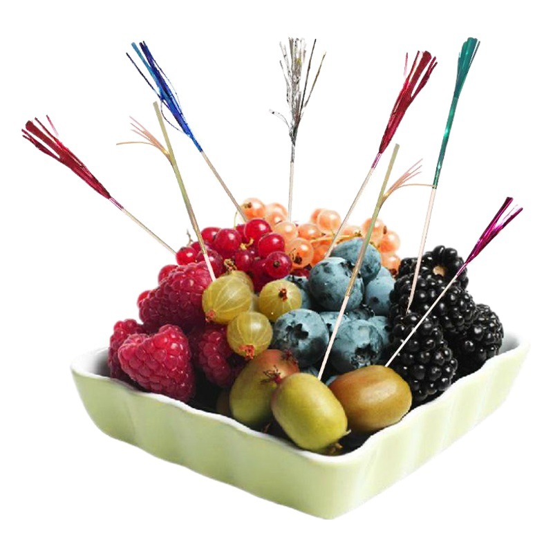 Wholesale Fireworks Pick Fruit Plate Decoration Extended Tassel Wooden Fruit Pick Party Dinner Set Combination 100 Pieces/Pack