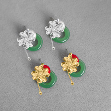 宝得意董洁同款圆环耳钉 新中式轻奢精致东陵玉平安扣拉丝球耳钉