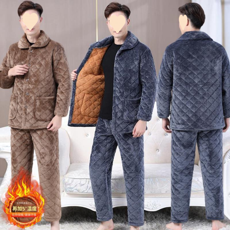 (2개) 겨울 남성 벨벳 두꺼운 3겹 퀼트 대형 겨울 남성 산호 벨벳 남성 잠옷 홈웨어 세트