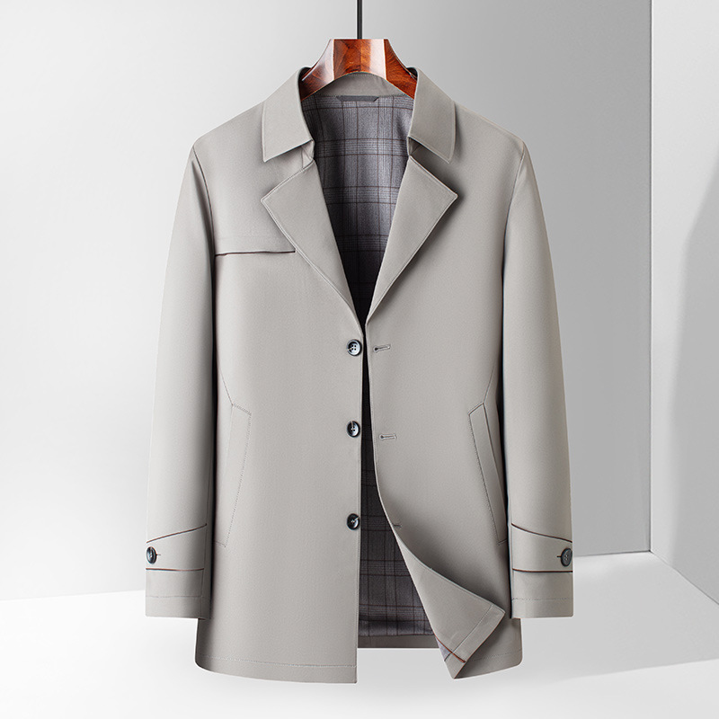 Men's trench coat, new spring and autumn style, mid-length, versatile, fashionable, suit collar, business jacket for middle-aged men.