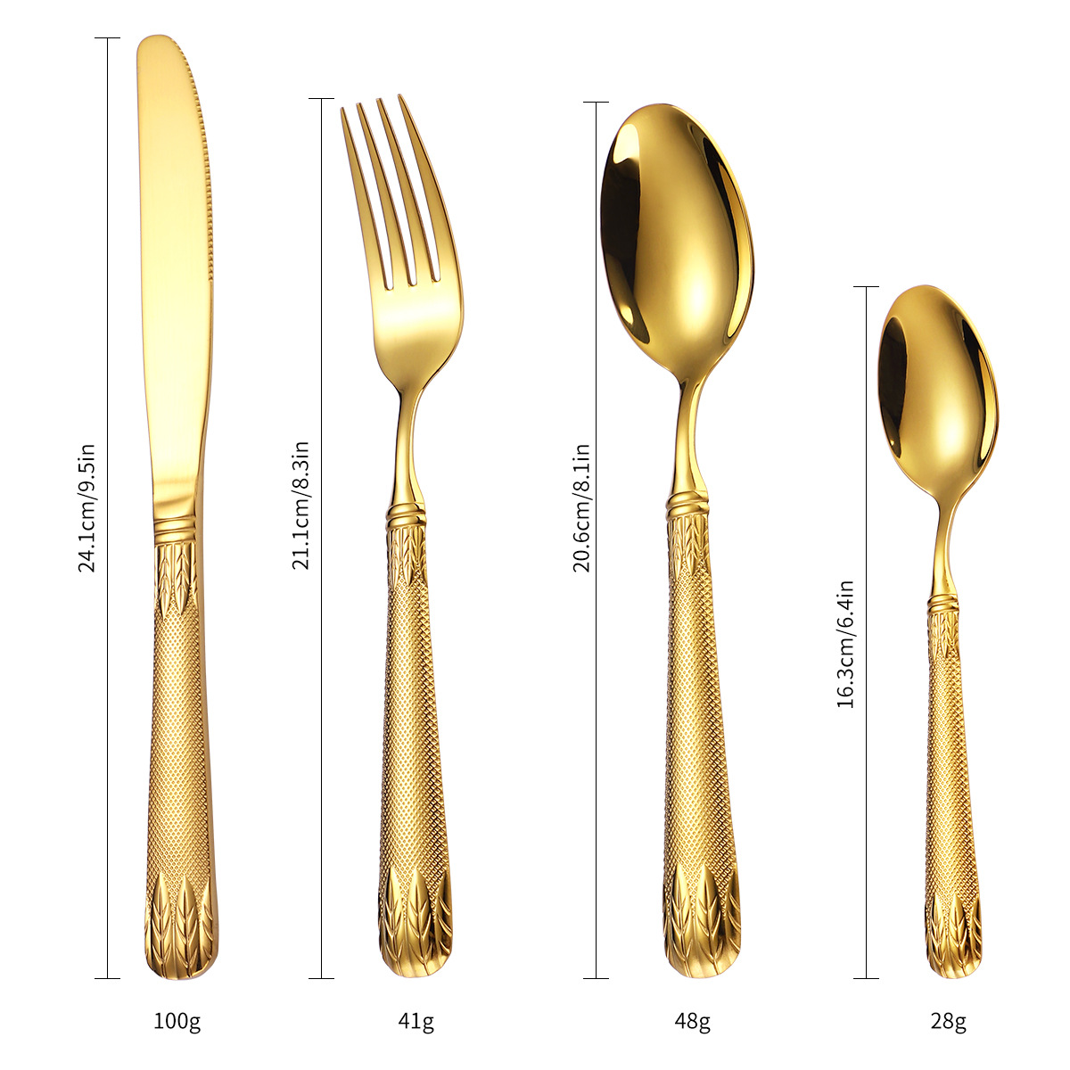 304不鏽鋼餐具套裝16/24件套酒店家用復古浮雕刀叉勺子金色禮盒