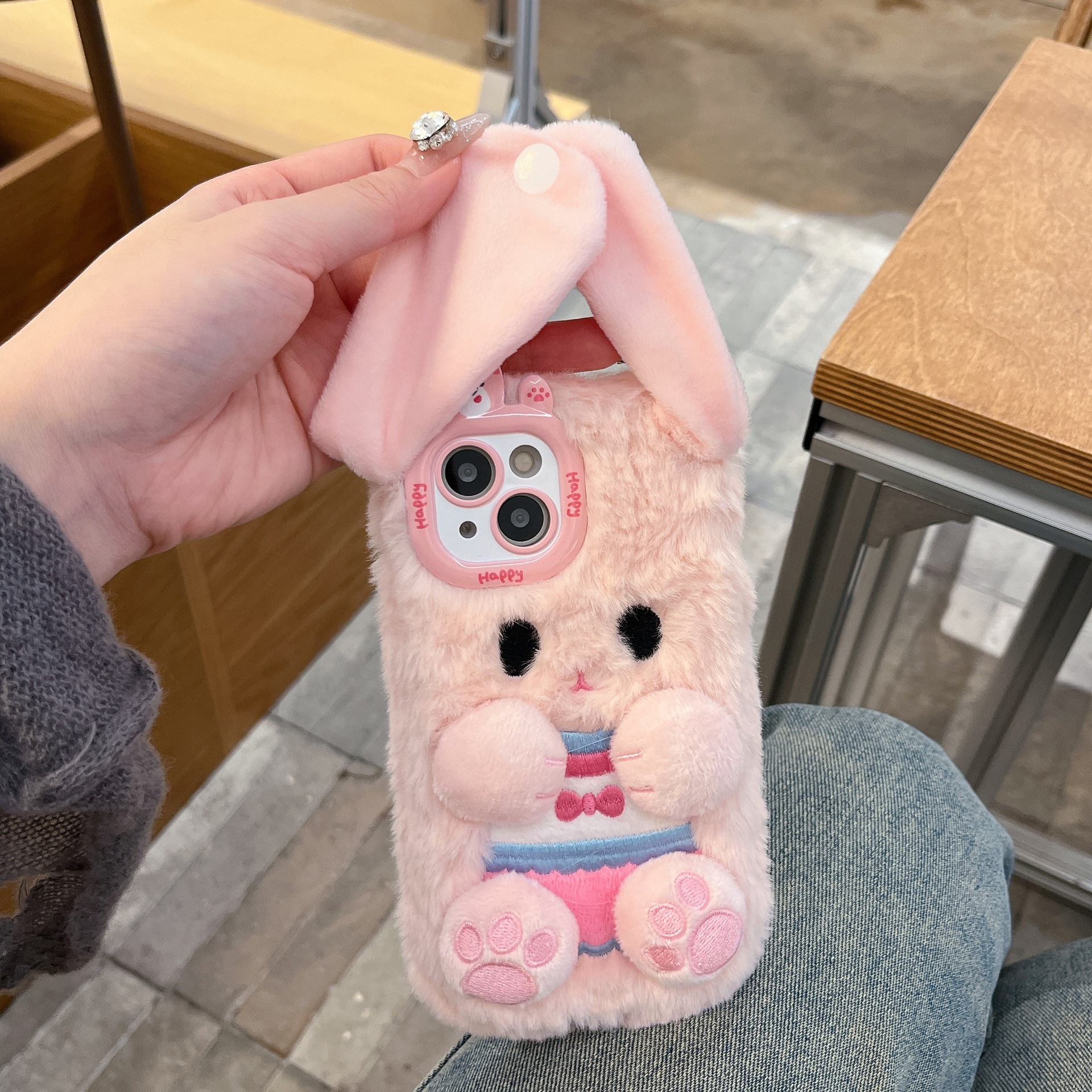 Botón de peluche lindo orejas conejo iPhone16 Apple 15 para 16 pro max cubierta de teléfono celular