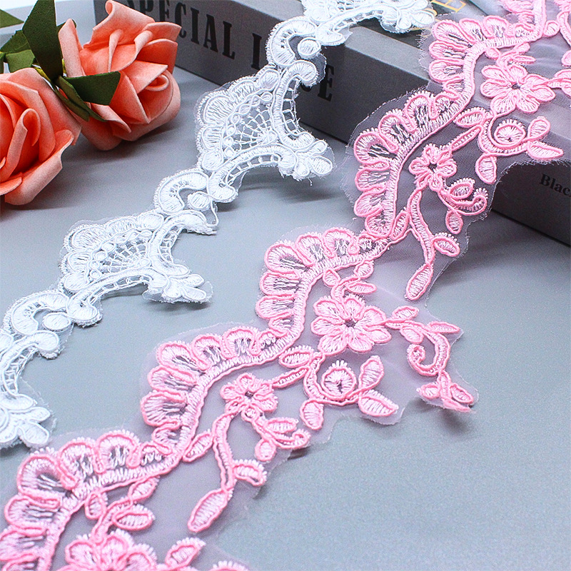 网纱刺绣车股花边 白色皇冠花朵条码婚纱礼裙摆股线蕾丝花边8.5cm