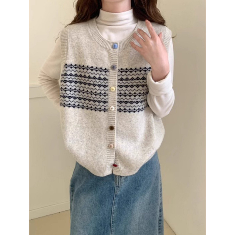 Ys Retro Jacquard Round-Neck Knit Cardigan Vest for Women, Spring and Autumn Casual Versatile Layered Sweater Vest Top