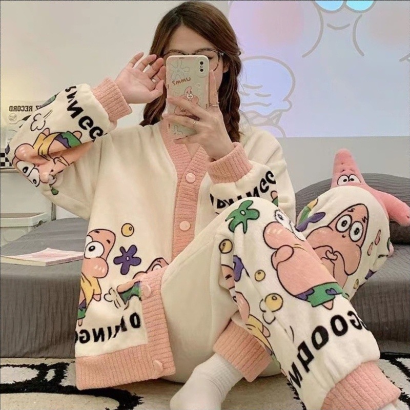 Pijamas de lana de coral mujeres otoño invierno mangas largas 2025 nuevo engrosado calentamiento cardigán de dibujos animados flanel dos piezas conjunto