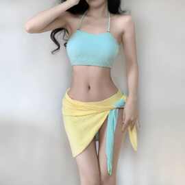 新款拼色比基尼分体挂脖泳衣女三件套毛巾面料时尚性感温泉海边