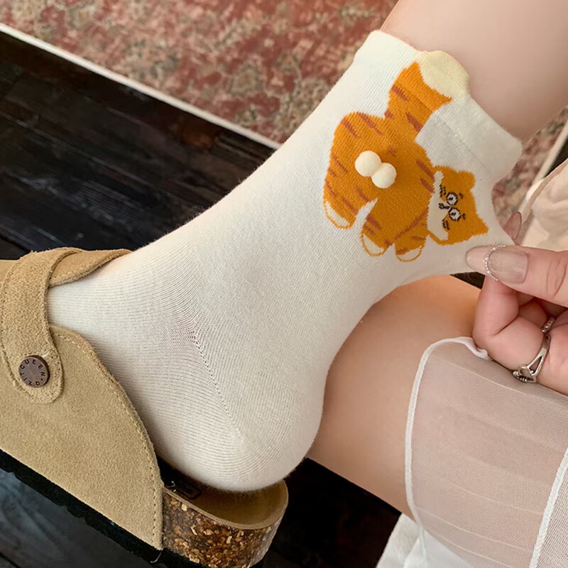 新款女袜中筒袜搞怪猫蛋蛋直筒袜透气吸汗棉袜可爱女士袜子春秋季|undefined