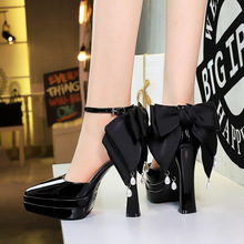 6862-H100M European and American style black patent leather back large bow buckle pointed double layered waterproof platform sandals for women