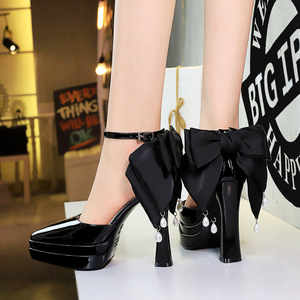 6862-H100M European and American style black patent leather back large bow buckle pointed double layered waterproof plat