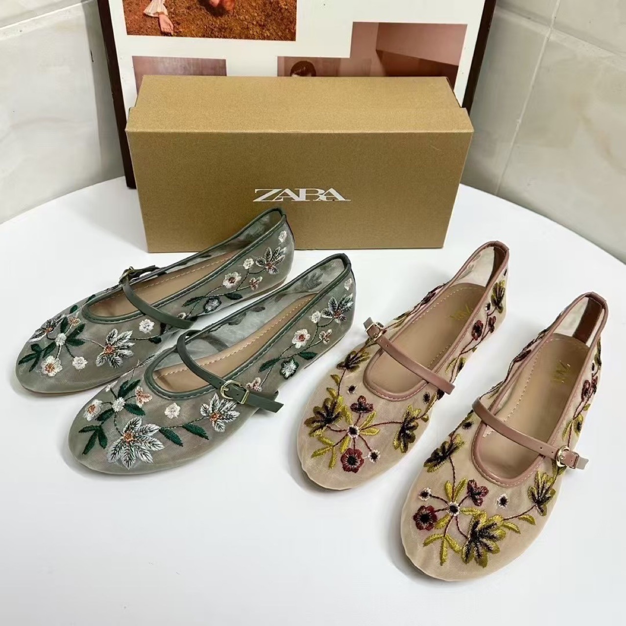 Za Spain 2025 New Summer Women's Shoes Round Toe Flower Embroidered Mesh Eye Flats Ballet Shoes for Women