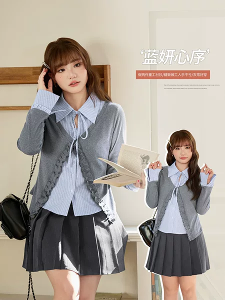 Korean-Style Fake Two-Piece Patchwork Knitted Striped Shirt, Spring Style, Plus-Size Women's Clothing, Slim-Fit Top 65451