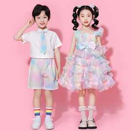 六一儿童啦啦队演出服幼儿园蓬蓬裙中小学生彩虹裙合唱舞蹈表演服