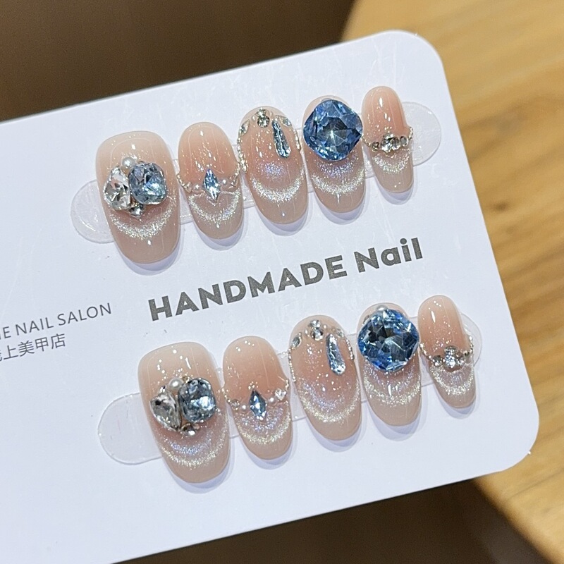 [Ocean] Zircon Cat Eye Purely Handmade Wearable Nails Ins Style High-End Mid-Length Manicure Patch Fake Nails