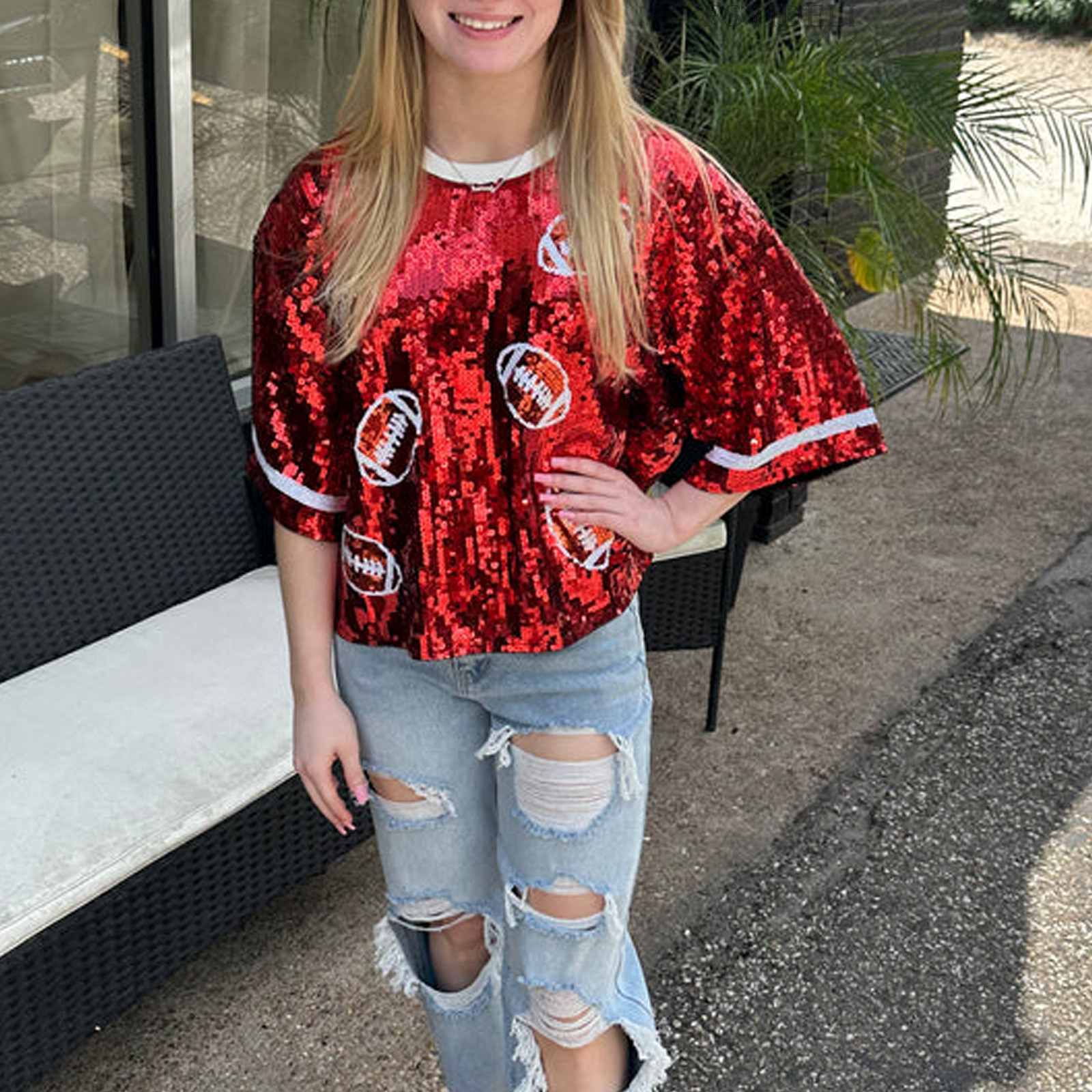 Mock Women's Simple Style Christmas Tree Rugby Half Sleeve Sequins T-Shirts display picture 6