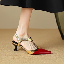 高档成都手工女鞋子洋气丁字扣红色高跟鞋中跟新款婚鞋法式细跟鞋