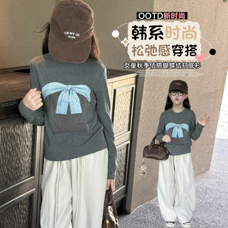 织里童装女童长袖T恤套装2026秋季新款中大童时髦洋气蝴蝶结印花