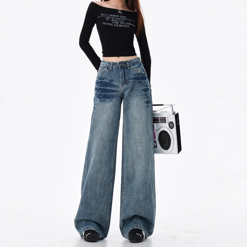 Denim Wide-Leg Pants for Women with Pear-Shaped Body Shape, Slimming Straight-Leg Wide-Leg Pants for Women, Low-Waisted Loose Wide-Leg Jeans