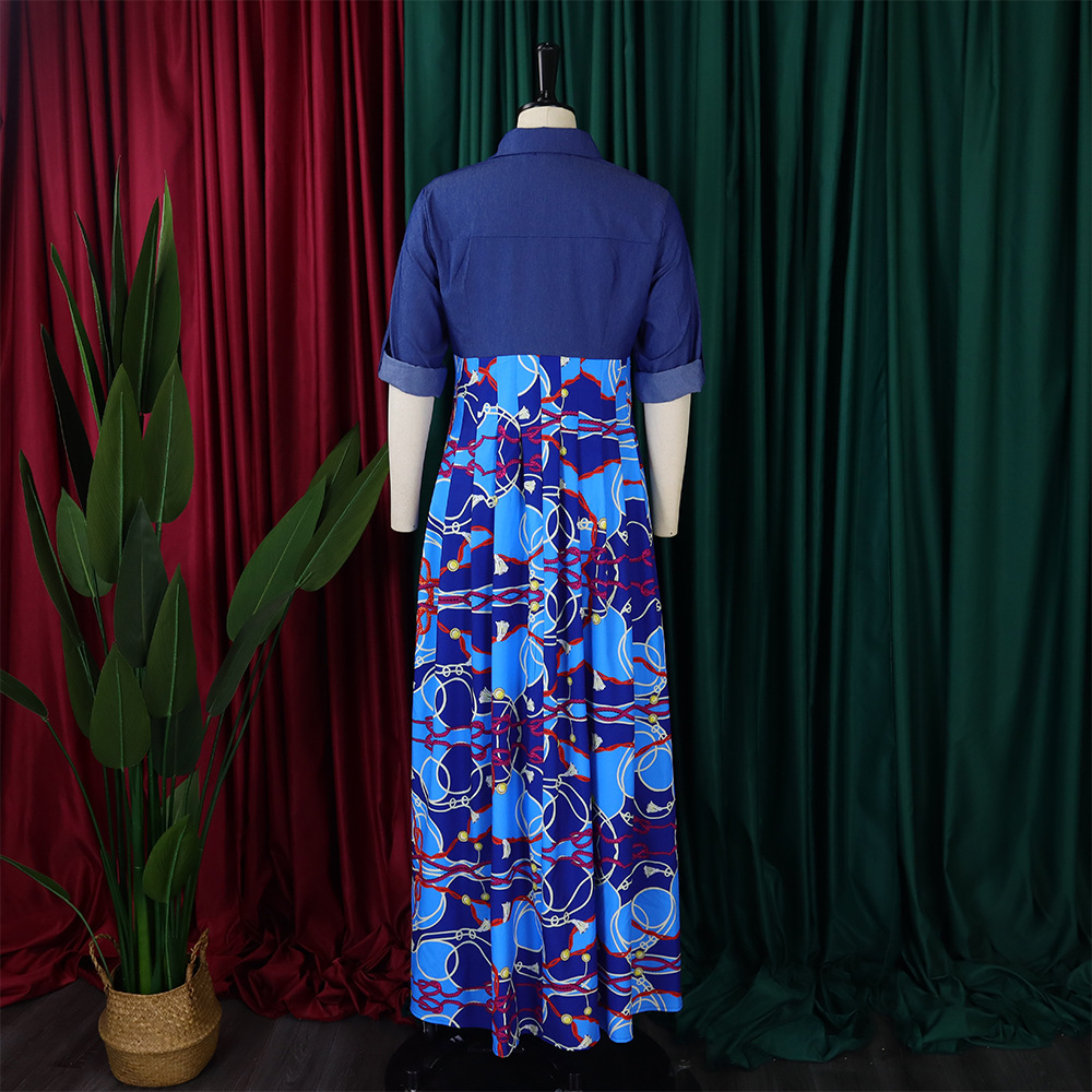 Abito da sera lungo da donna con stampa e dettagli in denim_voghion.com