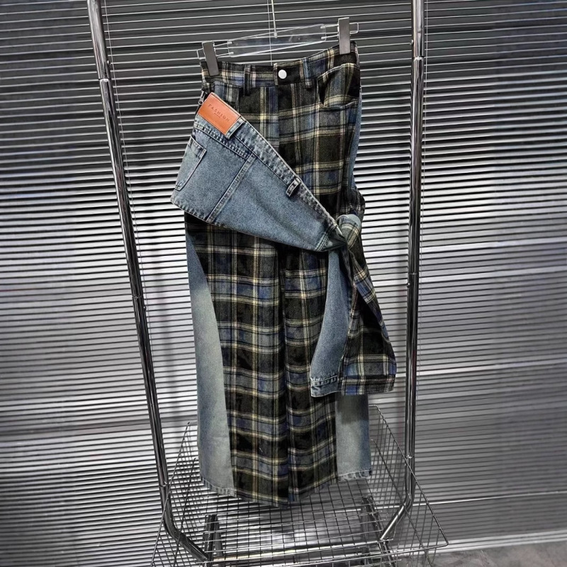 [in Stock] Cross-Border Women's Fashion New Vintage Blue Plaid Detachable Asymmetric Straight High-Waisted Jeans for Women