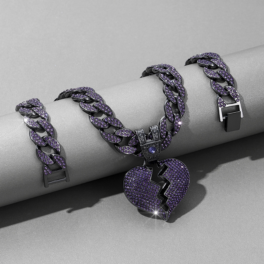 Accessori per gioielli da sposa alla moda, ciondolo a forma di cuore spezzato cubano hip hop con diamanti viola_voghion.com