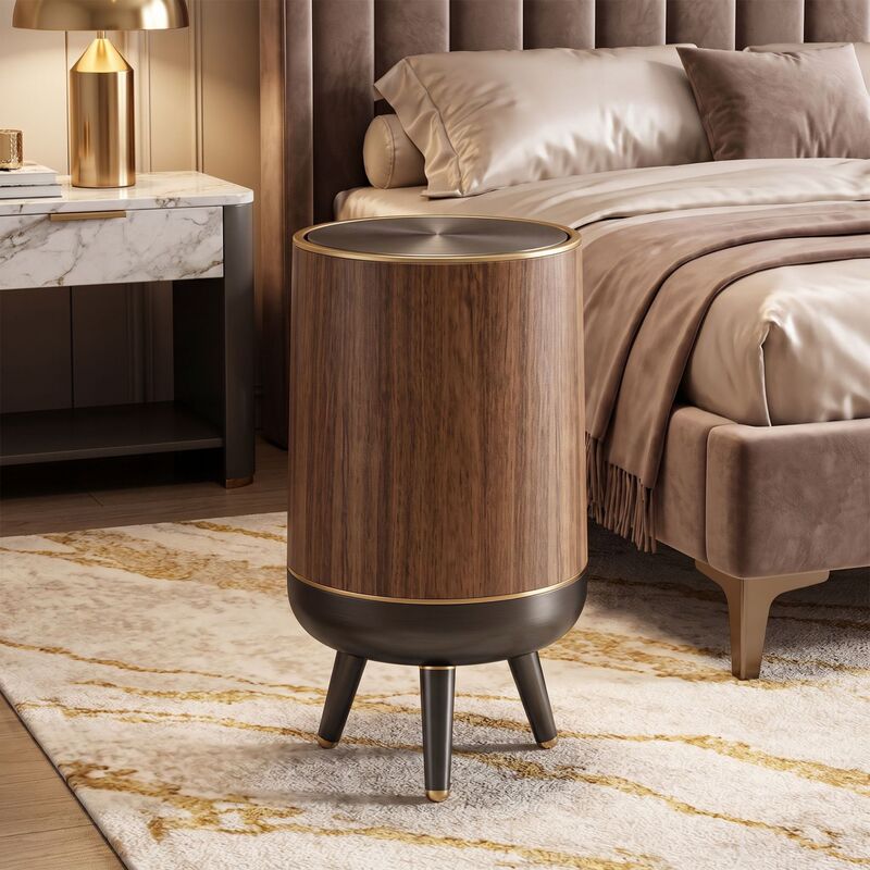 Wooden grain round trash can, no need to bend over, with footrest, large capacity, for bedroom and bathroom, light luxury storage bin, factory wholesale Wooden grain round trash can, no need to bend over, with footrest, large capacity, for bedroom and bathroom, light luxury storage bin, factory wholesale