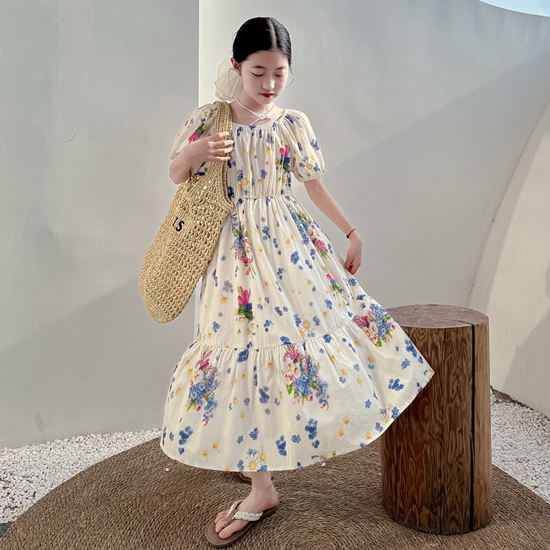 QZ3461 summer new children's clothing girls big children's children's clothes floral dress short sleeve waist long skirt cross-border supply