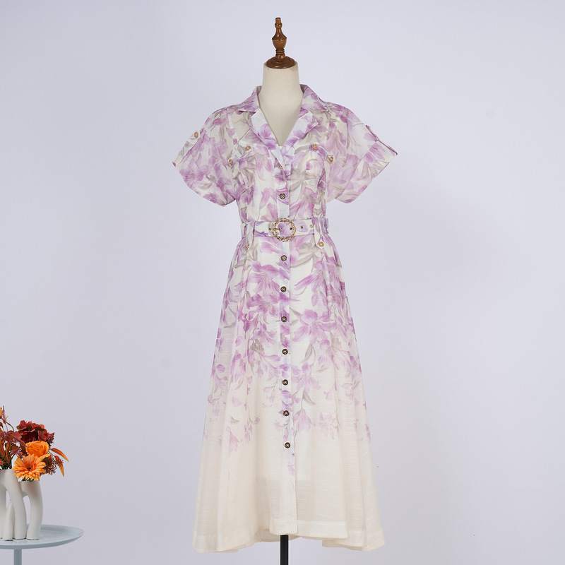 2025 Australian Light Luxury New Style Dress with Lapel, Printed Long Dress with Belt, Single-Breasted Fairy Dress in Stock