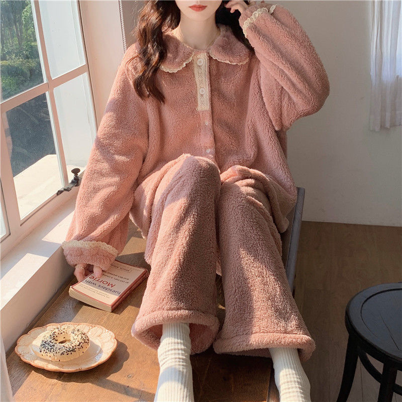 Pijamas de lana de coral con cuello de muñeca dulce francés para mujer más terciopelo engrosado ropa de hogar de franela de invierno traje de gran tamaño invierno
