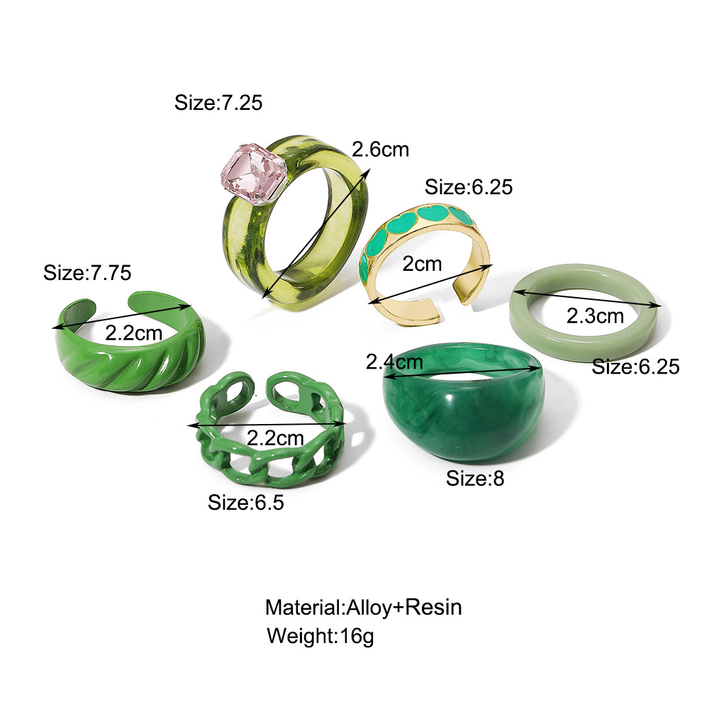 New Retro Fashion Ring Set Version Creative Green Dripping Love Resin Ring 6-piece Set display picture 1