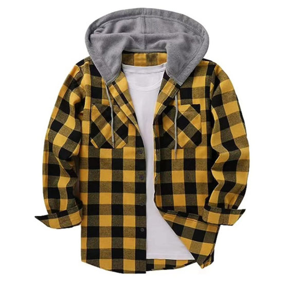 New Amazon Velvet Plaid Hooded Shirt European and American Size Double Pocket Hooded Shirt for Men