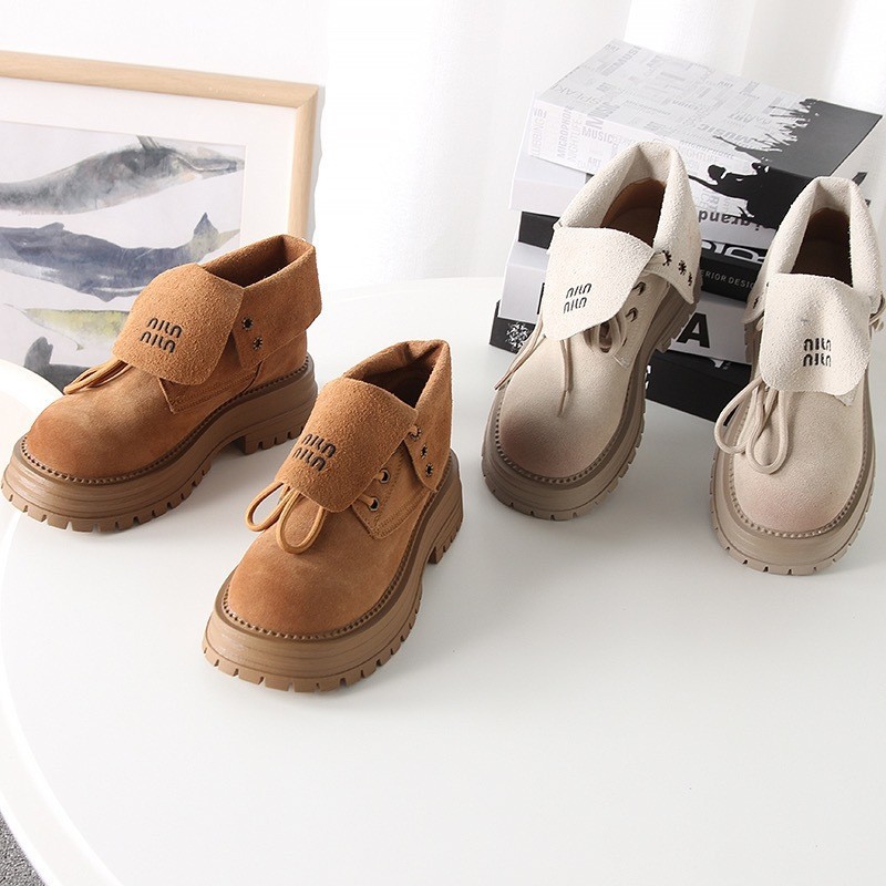 Thick-Soled Genuine Leather Rhubarb Boots, Boots, Women's Shoes, New Lace-Up Yellow Ankle-Length Short Boots, Spring & Fall Single Boots