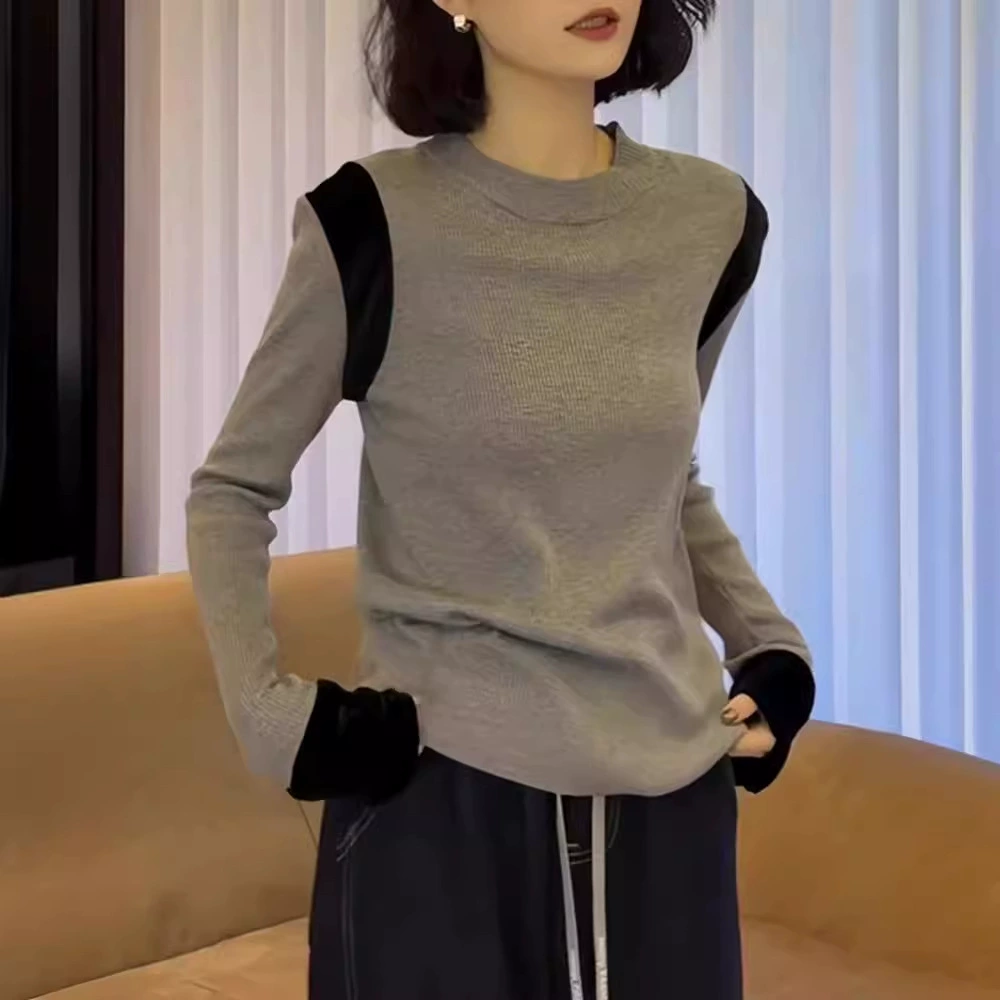 Европейские товары контрастного цвета с круглым вырезом с длинным рукавом футболка женская 2024 весна и осень новая тонкая тонкая рубашка