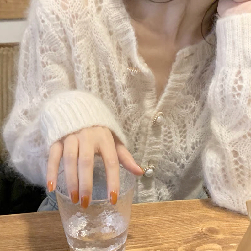 French-Style Early Autumn Hollow Mohair Knitted Cardigan Sweater Jacket with Short Style for Gentle and Fairy-Like Women