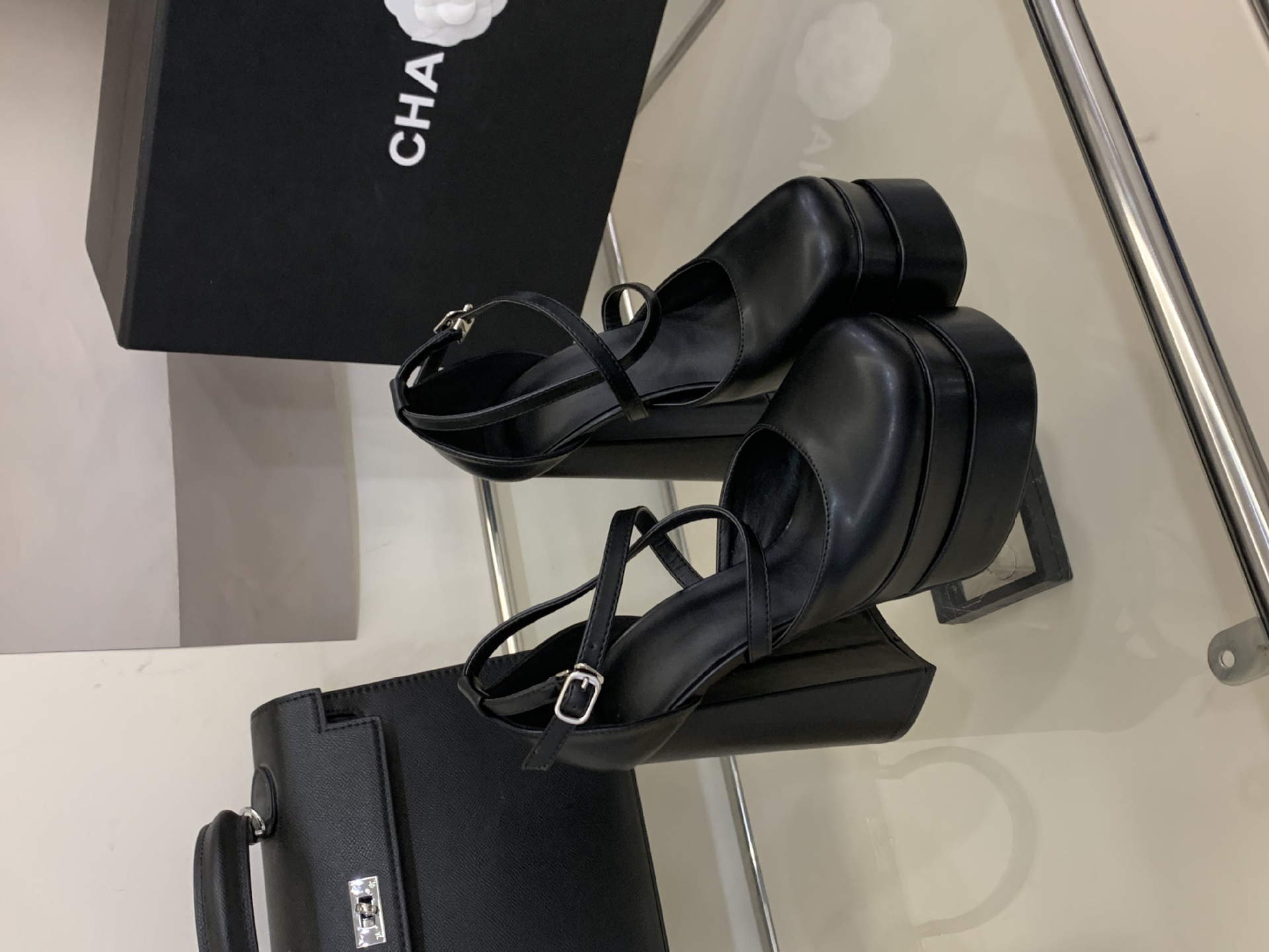 Sandal cao gót nữ mũi vuông đế platform gót to bản chất liệu satin — màu đen chi tiết 7