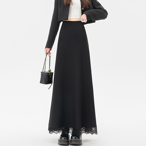 Superior lace stitching black suit skirt for women in autumn, high waist and slimming medium and long a-line skirt umbrella skirt