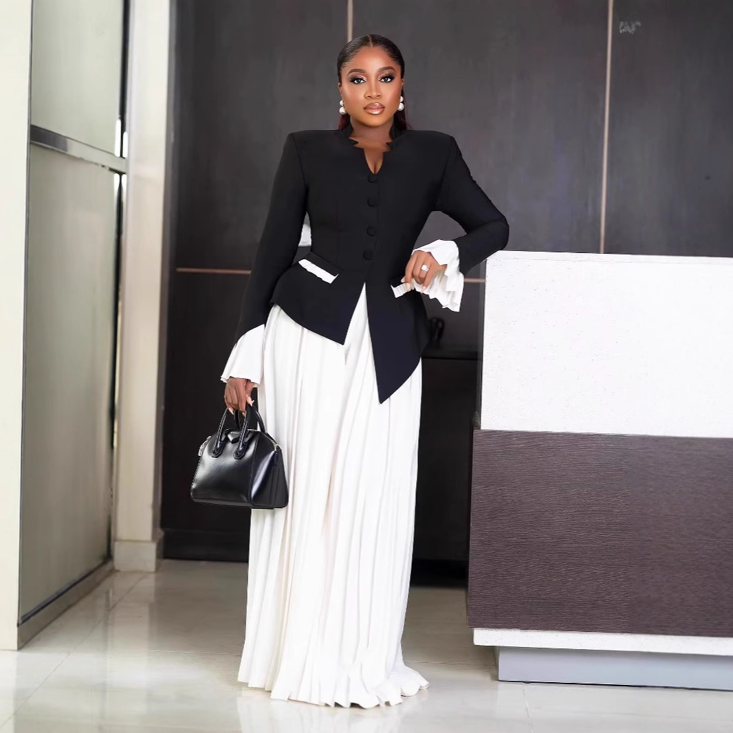 Women's Clothing spring and summer black large size fashion flared sleeve top & pleated pants suit_voghion.com