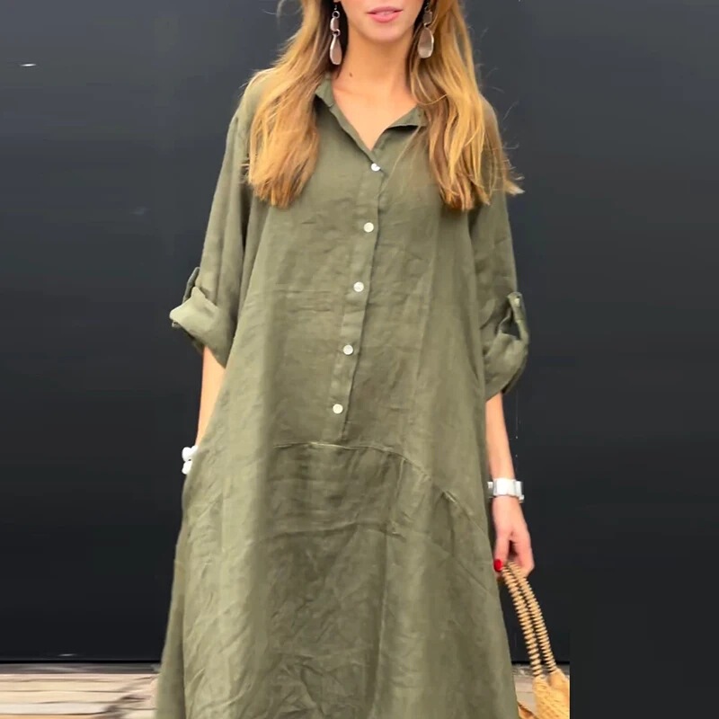 2024 Summer European and American Amazon Casual Pocket Shirt Collar Long Dress Casual Cotton Linen Blended plus size dress Women