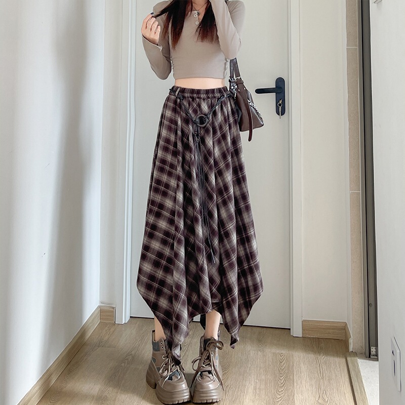 韩版不规则格纹半身裙女2025秋季复古格子松紧腰显瘦中长款a字裙|undefined