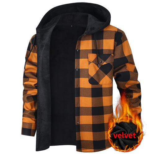2026 autumn and winter hot fashion, velvet hooded plaid casual large size men's long-sleeved shirt, men's warm shirt