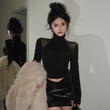 网纱拼接高领透视打底衫长袖T恤女冬季黑色短款修身纯欲内搭上衣
