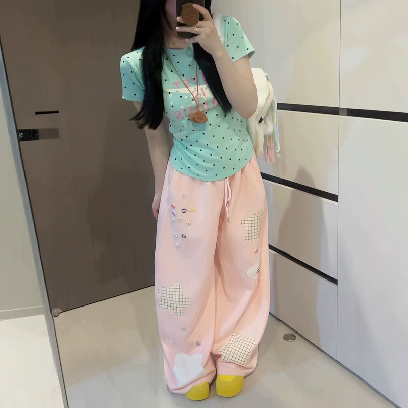 Cute Design Five-Pointed Star Patch Wide-Leg Pants for Women, Summer Jazz Dance Sports Pants, American-Style Pink Sweatpants Cute Design Five-Pointed Star Patch Wide-Leg Pants for Women, Summer Jazz Dance Sports Pants, American-Style Pink Sweatpants