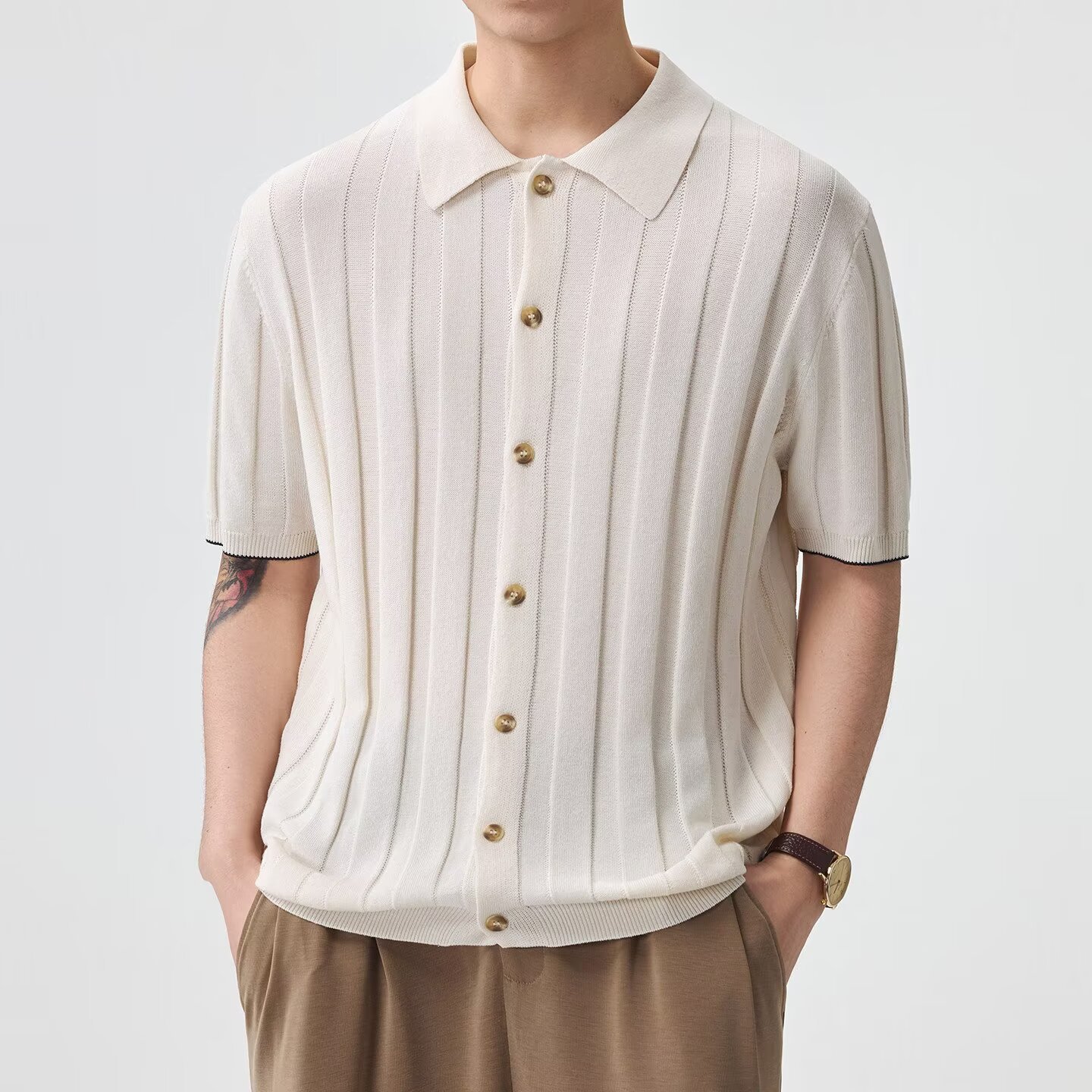 Polo camiseta camiseta de punto camiseta de manga corta camiseta de hombre cardigan con solapa a rayas verticales viejos negocios de verano fábrica transfronteriza al por mayor